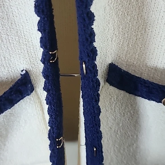 MAEVE by Anthropologie Collarless Tipped Knit Jacket in Beige and Blue - Picture 4 of 9